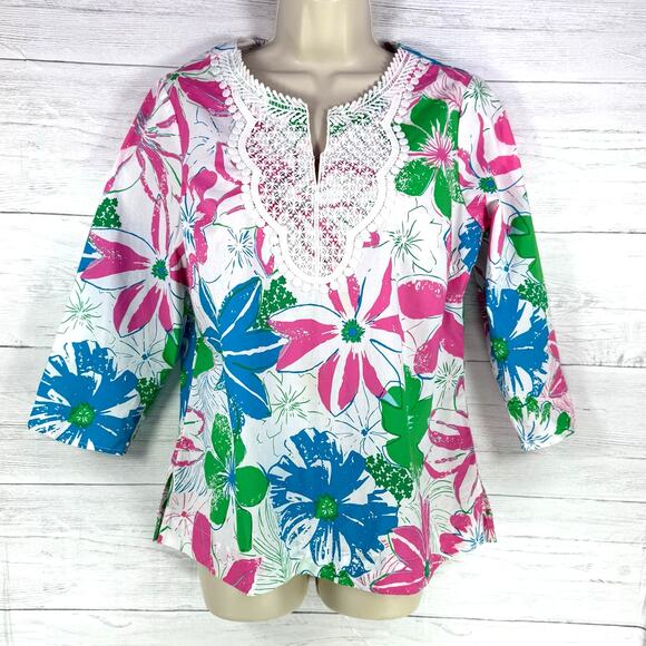 Talbots medium petite pink green lace Floral Cottage Coquette Popover Blouse - Picture 1 of 6